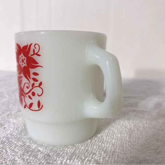 Vintage Anchor Hocking Fire King Red Flower Milk  Glass Stacking Mug - Picture 3 of 11